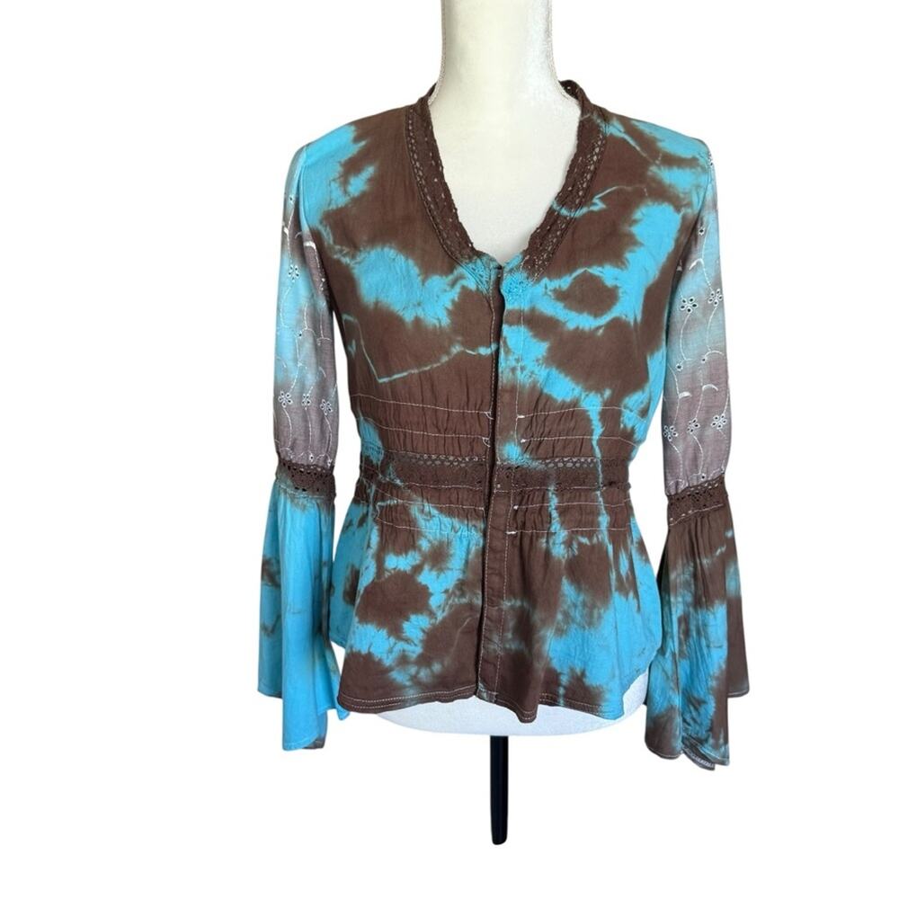 Vintage Les Gonzesses de Paris Brown and Blue Women's Tie-Dye Blouse Size 2